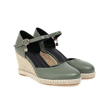 Sandale casual pentru femei, toc wedge cu vârf ascuțit, închidere cu cataramă, talpă din cânepă tricotată, înălțime toc peste 8 cm