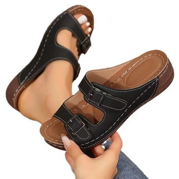 Profitely Papuci dama cu talpă groasă și toc înclinat, PU partea superioară, PU interior, talpă din cauciuc, vârf rotund, stil leisure, vară 2024