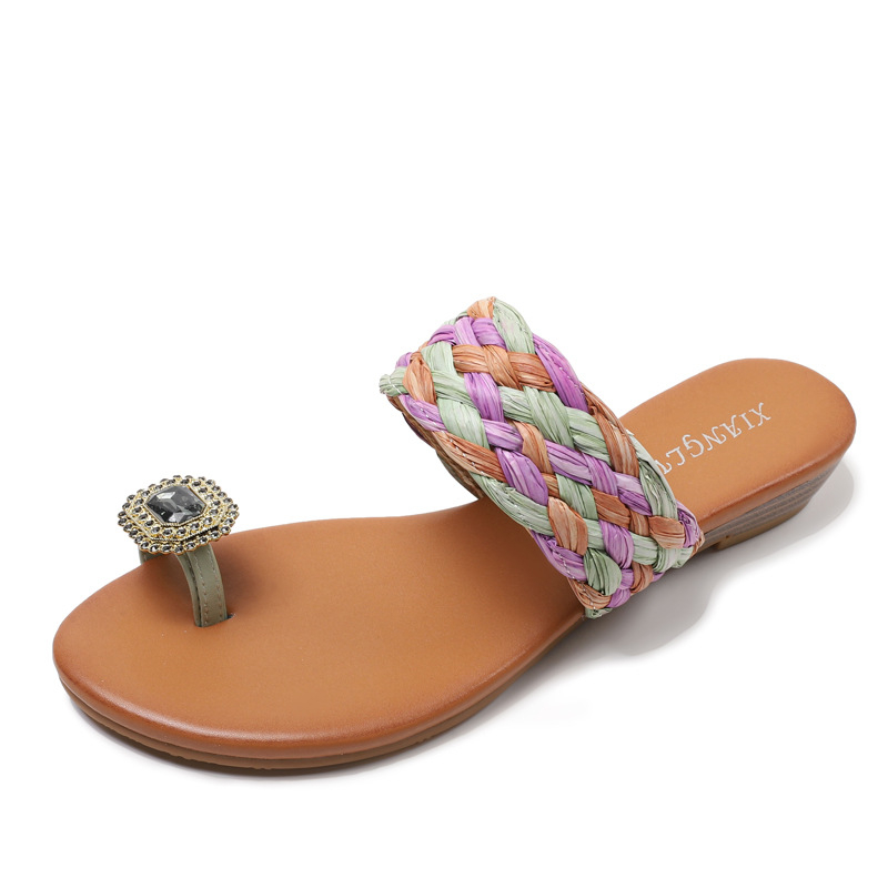 Sandale s podijeljenim prstom i klinom – tkanine boho rhinestones, vamp od ratana, PU podstava, TPR đon