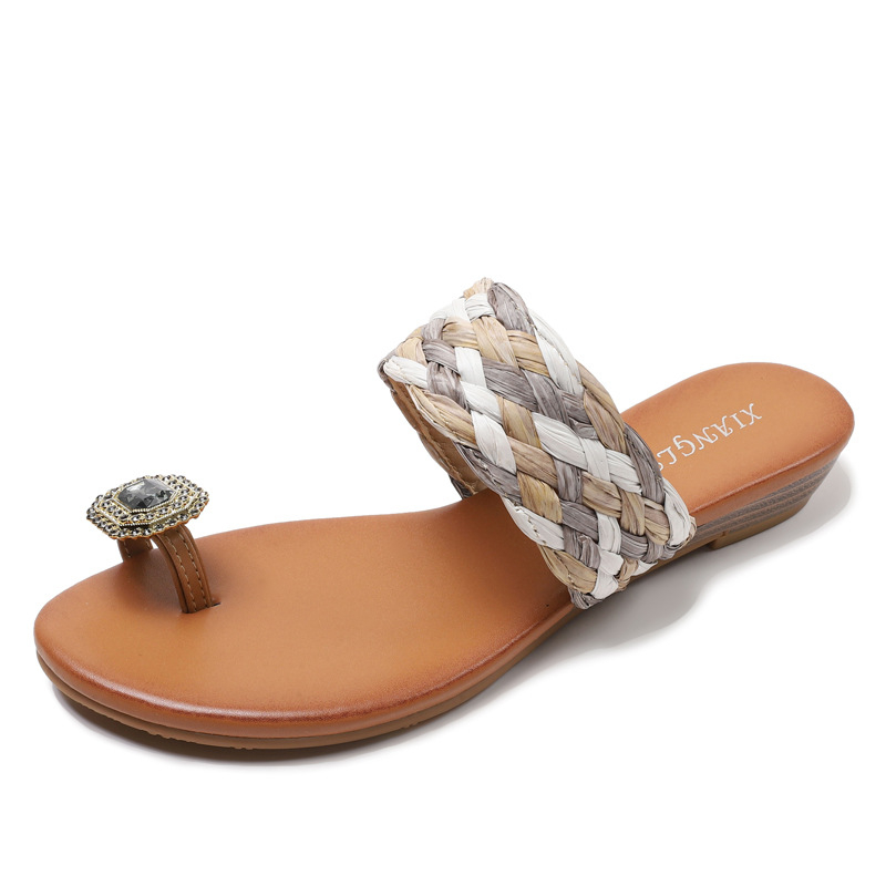 Sandale s podijeljenim prstom i klinom – tkanine boho rhinestones, vamp od ratana, PU podstava, TPR đon