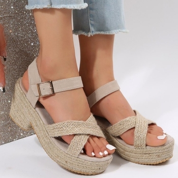 Rímske sandále s prackou, klinový podpätok, hrubá gumová podrážka, dizajn z konopného lana a slamy, okrúhla špička (Horná časť: Tkanina; Zapínanie: Pracka; Podrážka: Guma; Päta: Klin)