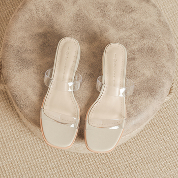 Sandale din piele de oaie pentru femei - talpă PU, stil roman, vârf pătrat, toc înclinat