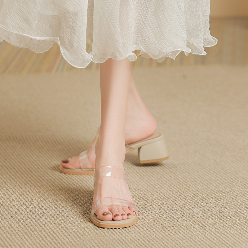 Sandale din piele de oaie pentru femei - talpă PU, stil roman, vârf pătrat, toc înclinat