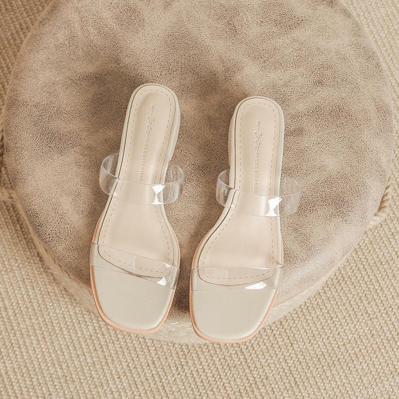 Sandale din piele de oaie pentru femei - talpă PU, stil roman, vârf pătrat, toc înclinat