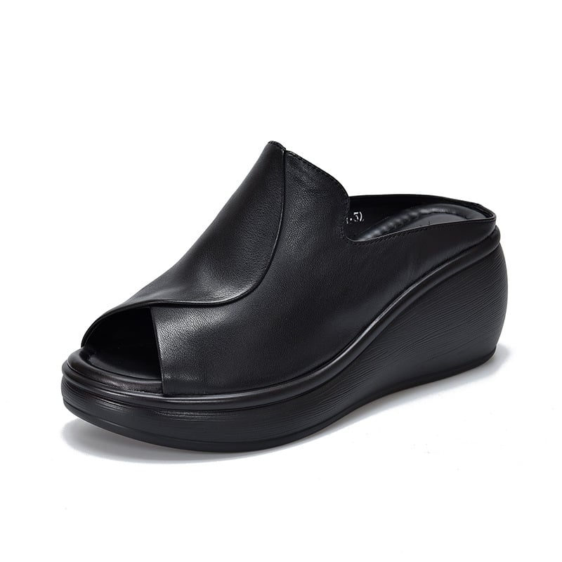 Papuci cu vârf închis, partea superioară din piele de vițel de primă clasă, toc tip pană retro, vârf în formă de gură de pește, talpă groasă