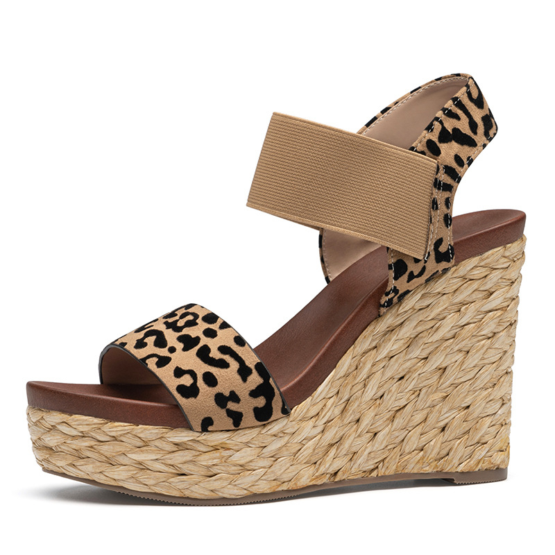 Ženske sandale leopard uzorka, jedan kaiš, otvoreni prsti, klinasta platforma, PU gornji dio, elastični kaiš