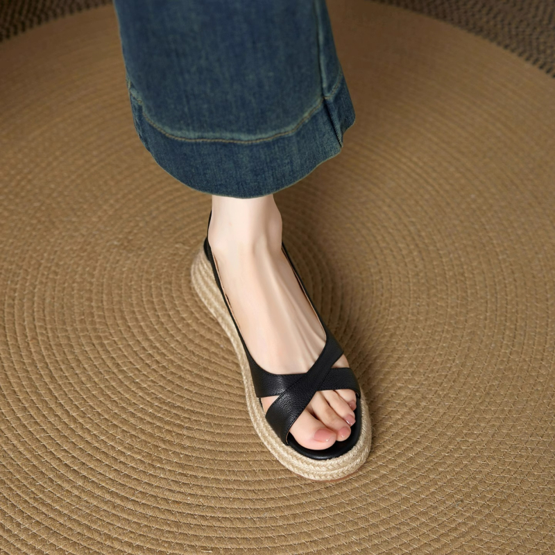 Sandale damă cu un brete, piele PU deasupra, talpă din cauciuc, vârf rotund, stil roman, vară 2025