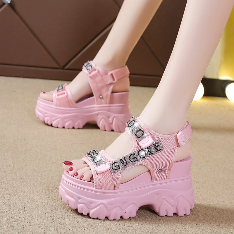 Kristályos platformos szandálok, koreai stílus, Velcro pánt, hal formájú orr, gumi talp