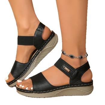 Ženske PU sandale u stilu rimske, zatvaranje Velcro, okrugli vrh, perforirani uzorak, lagane, klinasti pet 3–5 cm