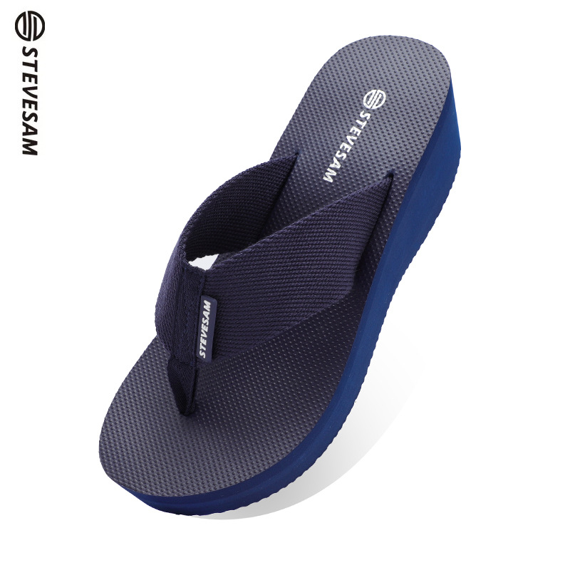 Ženske japanke s 6 cm debelom podlogom, klin 6–8 cm, PVC gornji dio, široka traka od tekstilne trake, protuklizna gumena podloga