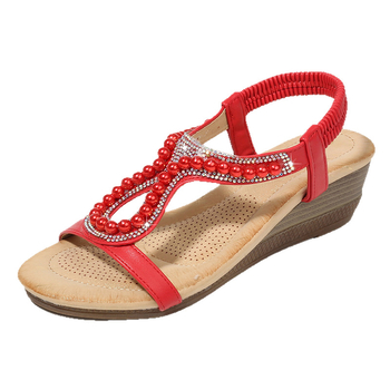 Sieviešu sandales ar klinu un pērļu dekorācijām - PU augšdaļa, TPR zole, apaļa pirksta forma, klina augstums 3–5 cm, elpojošas