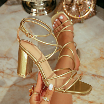 Sandale femei cu toc gros, vârf pătrat, deschis, bretele subțiri, PU partea superioară — vara 2025