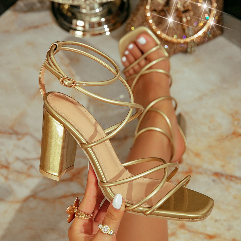 Sandale femei cu toc gros, vârf pătrat, deschis, bretele subțiri, PU partea superioară — vara 2025