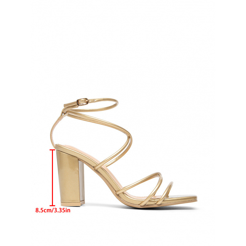 Sandale femei cu toc gros, vârf pătrat, deschis, bretele subțiri, PU partea superioară — vara 2025