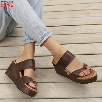 Ikdienas sandales ar PU augšpusi, gumijas zole, klīnveida papēdis 8,5 cm