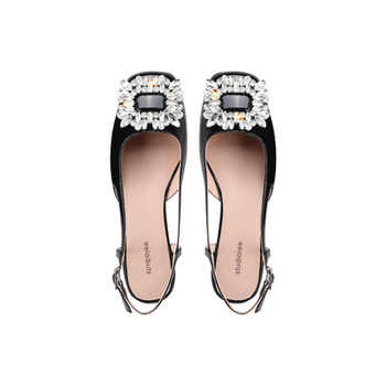 Sandale pentru femei cu vârf pătrat, toc pană, partea superioară din microfibră, talpă din cauciuc, închidere cu cataramă