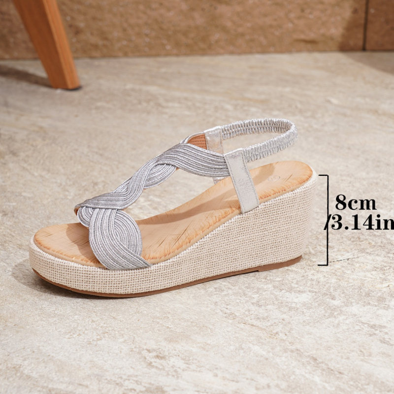 Platformske sandale na klin s detaljem od konopnog užeta, izvezeni gornji dio, okrugli prst, debeli pet 6–8 cm