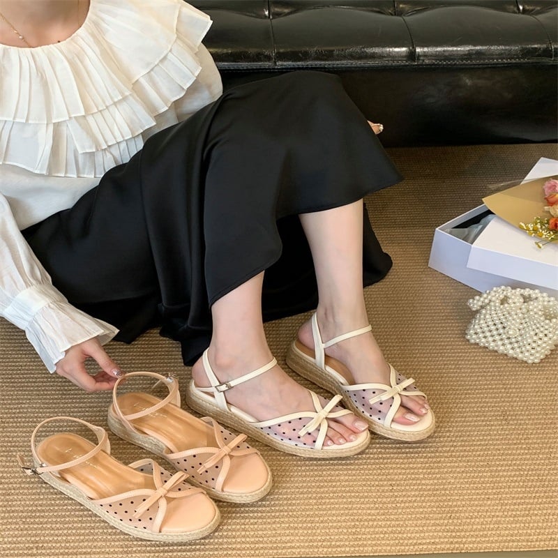 Дамски сандали с една презрамка и катарама, PU горна част и подметка, клиновидна подметка, закръглен нос, корейски стил, лято 2025