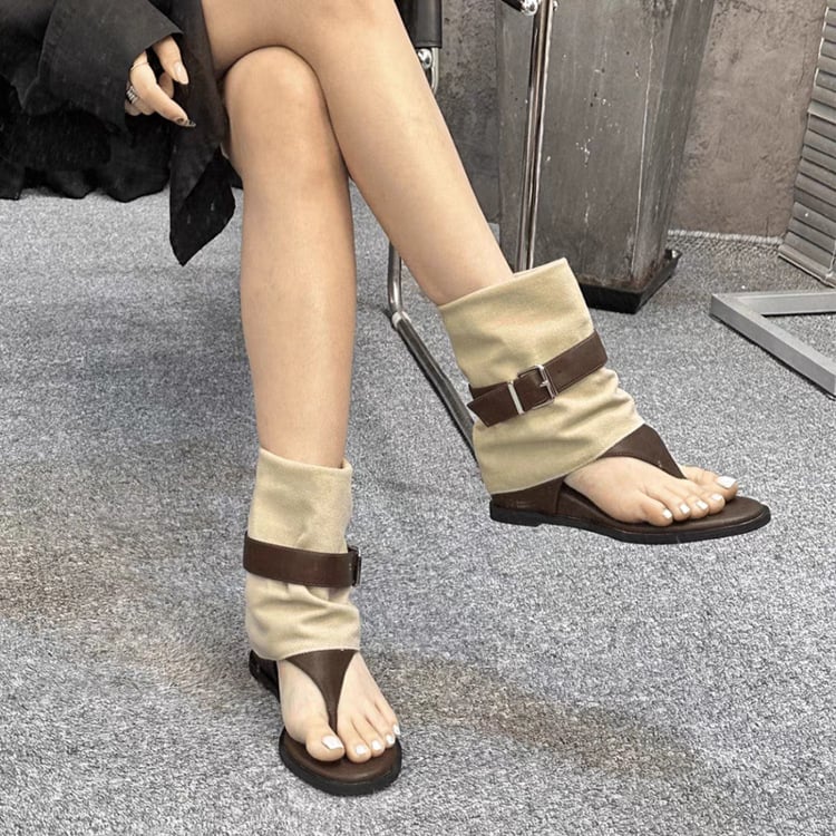 Sandale cu partea superioară din material textil, talpă din cauciuc, înălțime medie, vârf rotund, stil retro