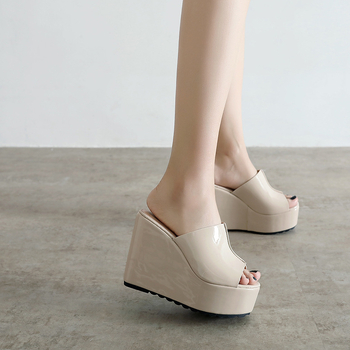 Sandale dama cu stil coreean, deget deschis, platformă înclinată, toc înalt, piele patent, talpă din cauciuc, interior microfibră