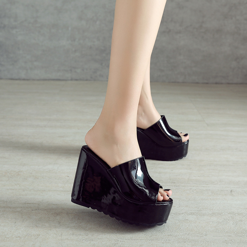 Sandale dama cu stil coreean, deget deschis, platformă înclinată, toc înalt, piele patent, talpă din cauciuc, interior microfibră
