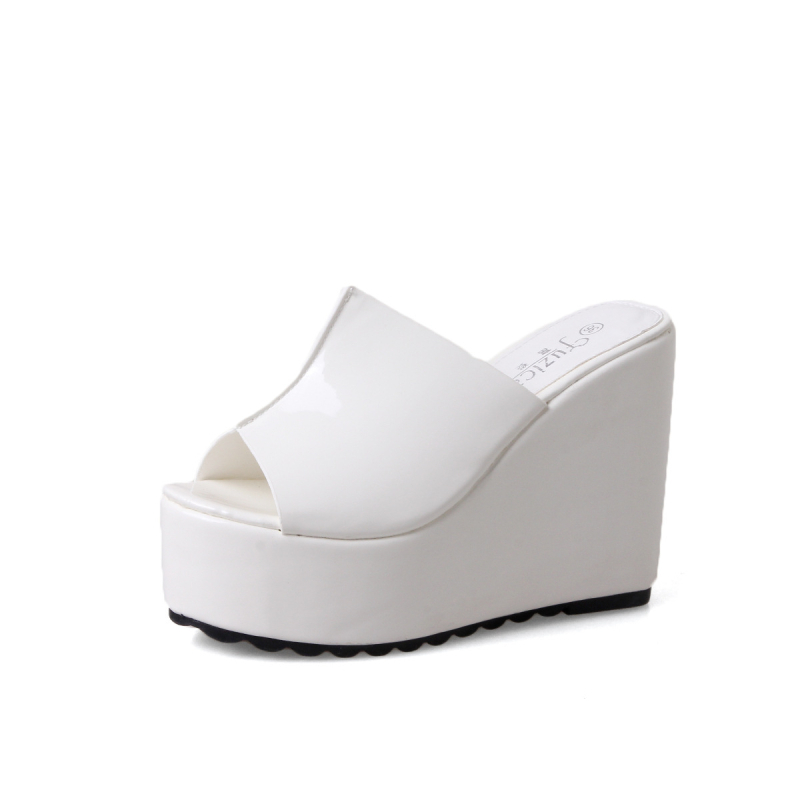 Sandale dama cu stil coreean, deget deschis, platformă înclinată, toc înalt, piele patent, talpă din cauciuc, interior microfibră