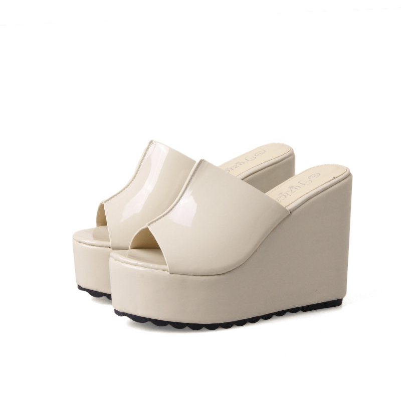 Sandale dama cu stil coreean, deget deschis, platformă înclinată, toc înalt, piele patent, talpă din cauciuc, interior microfibră