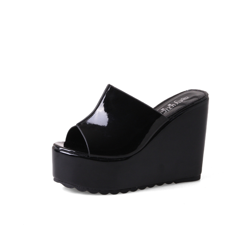 Sandale dama cu stil coreean, deget deschis, platformă înclinată, toc înalt, piele patent, talpă din cauciuc, interior microfibră