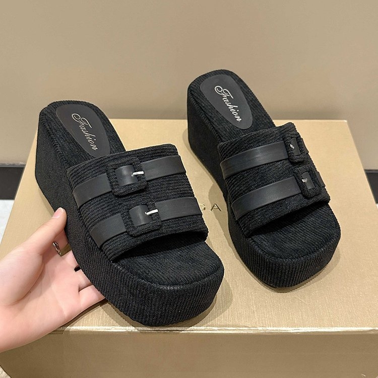 Sandale cu toc în formă de cui, cataramă pătrată, talpă groasă 3 cm, partea superioară PU și căptușeală PU, talpă din cauciuc