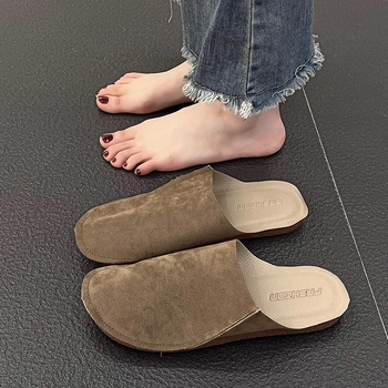 Slapi femei PU, partea superioară PU, talpă PU, căptușeală din bumbac, toc tip pană, grosimea talpii 0–3 cm, primăvară-vară 2025