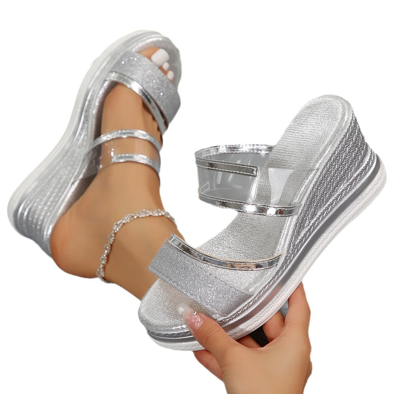 Sieviešu sandales ar klinveida papēdi un vienu siksniņu, PU augšdaļa, apaļš purns, bieza gumijas zole, PU iekšējā oderde, vasara 2024