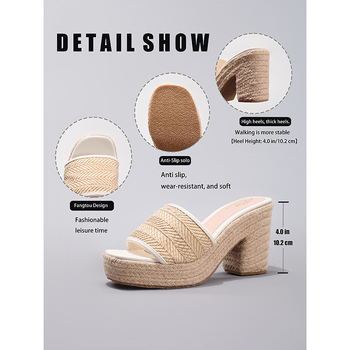 Сандали с една презрамка Weibena, ленена горна част, квадратен нос, ток 10,2 cm, подметка от сурова гума