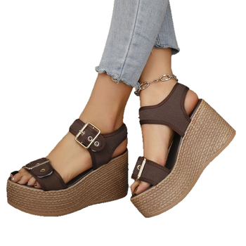 Платформени високи сандали с катарама за колан, PU горна част, кръгъл нос, гумена подметка, пролет 2025