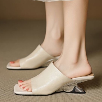 Sandale de damă cu toc înclinat, foarte moi, vară, stil coreean, cu o singură curea, vârf dreptunghiular, partea superioară PU, talpă din cauciuc