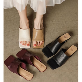 Sandale de damă cu toc înclinat, foarte moi, vară, stil coreean, cu o singură curea, vârf dreptunghiular, partea superioară PU, talpă din cauciuc