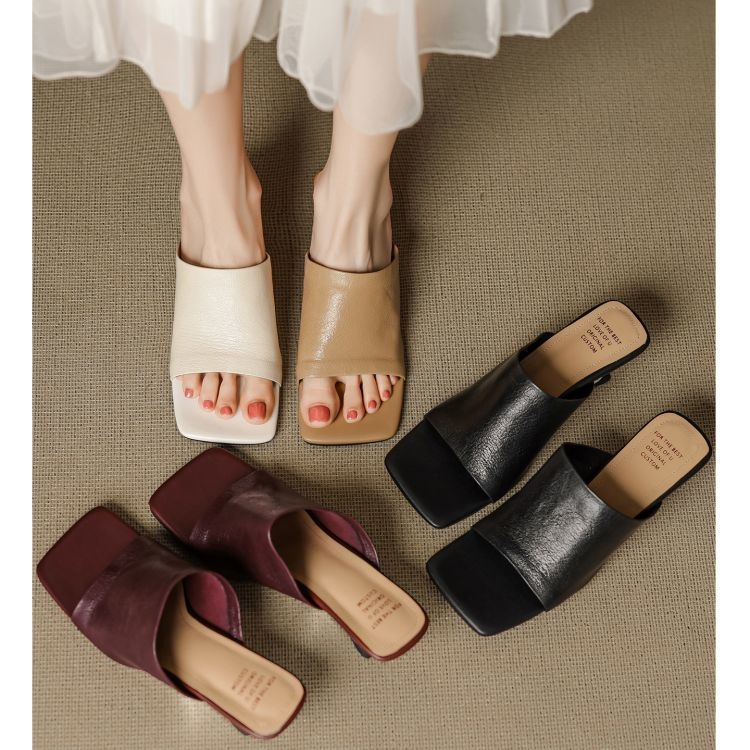 Sandale de damă cu toc înclinat, foarte moi, vară, stil coreean, cu o singură curea, vârf dreptunghiular, partea superioară PU, talpă din cauciuc