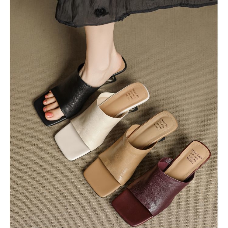 Sandale de damă cu toc înclinat, foarte moi, vară, stil coreean, cu o singură curea, vârf dreptunghiular, partea superioară PU, talpă din cauciuc