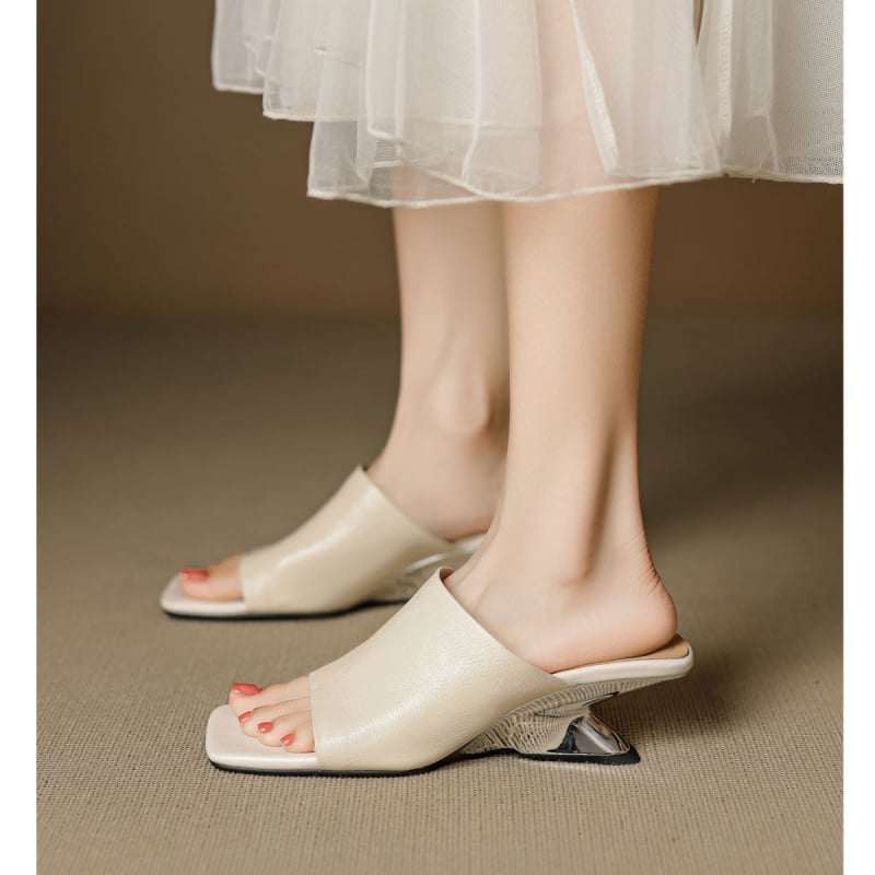 Sandale de damă cu toc înclinat, foarte moi, vară, stil coreean, cu o singură curea, vârf dreptunghiular, partea superioară PU, talpă din cauciuc