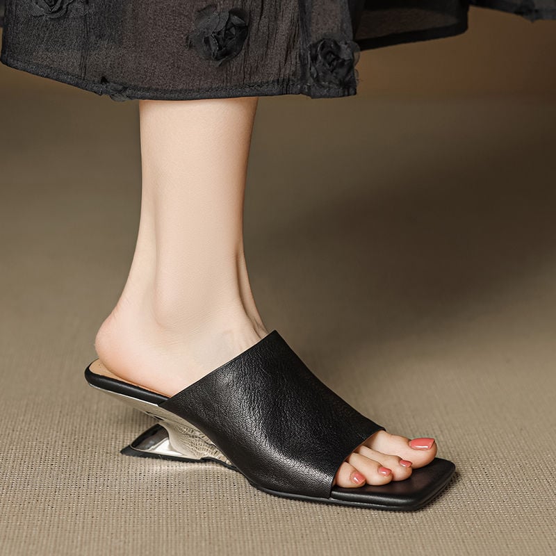 Sandale de damă cu toc înclinat, foarte moi, vară, stil coreean, cu o singură curea, vârf dreptunghiular, partea superioară PU, talpă din cauciuc