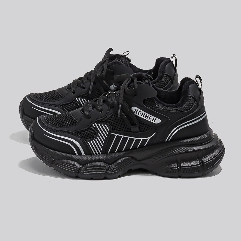 Ženske zimske chunky tenisice s flis podstavom – gornji dio: umjetna koža + tekstil, unutrašnji mrežni sloj, PVC potplat, okrugli vrh, vezanje šnirkama