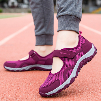 Pantofi de vară cu plasă pentru femei, închidere Velcro, vârf rotund, toc mic 1–3 cm