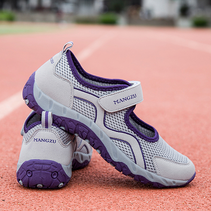 Pantofi de vară cu plasă pentru femei, închidere Velcro, vârf rotund, toc mic 1–3 cm