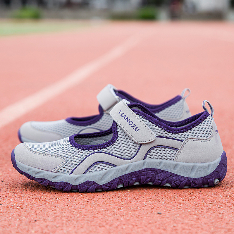 Pantofi de vară cu plasă pentru femei, închidere Velcro, vârf rotund, toc mic 1–3 cm