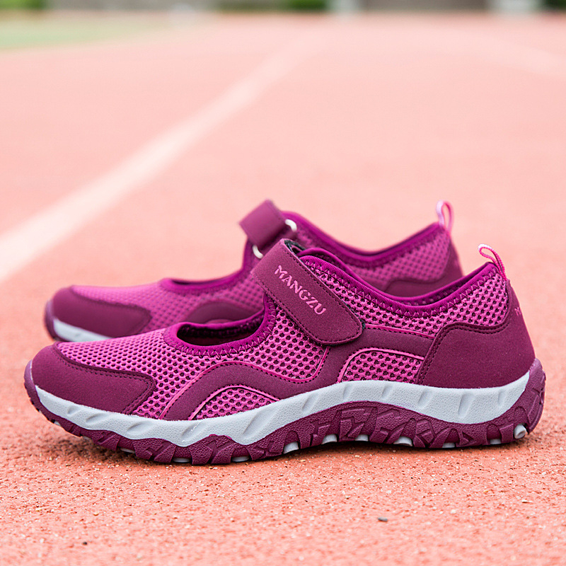 Pantofi de vară cu plasă pentru femei, închidere Velcro, vârf rotund, toc mic 1–3 cm