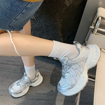 Pantofi sport dama cu talpă groasă, partea superioară din plasă, căptușeală din microfibră, respirabili, talpă înălțitoare