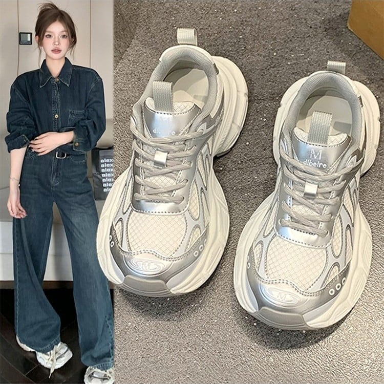 Pantofi sport dama cu talpă groasă, partea superioară din plasă, căptușeală din microfibră, respirabili, talpă înălțitoare