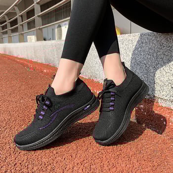 Pantofi sport pentru femei, suprafață textilă, vârf rotund, toc plat, șiret frontal, respirabili