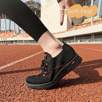 Pantofi sport pentru femei, suprafață textilă, vârf rotund, toc plat, șiret frontal, respirabili