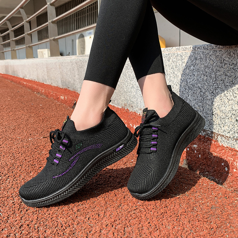 Pantofi sport pentru femei, suprafață textilă, vârf rotund, toc plat, șiret frontal, respirabili