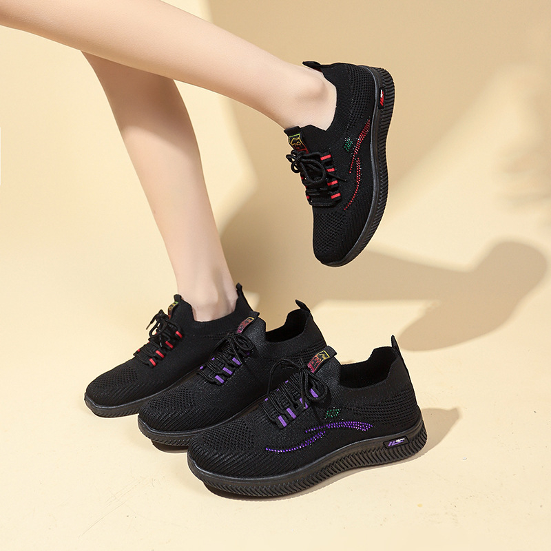 Pantofi sport pentru femei, suprafață textilă, vârf rotund, toc plat, șiret frontal, respirabili